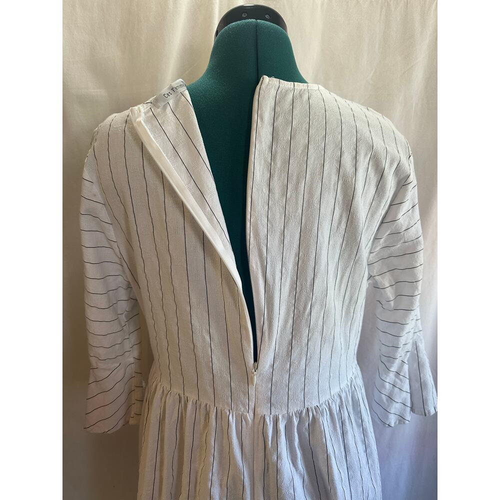 White Striped Cotton Midi Dress – Size Large | Bell Sleeve Cottagecore Dress - Picture 9 of 9